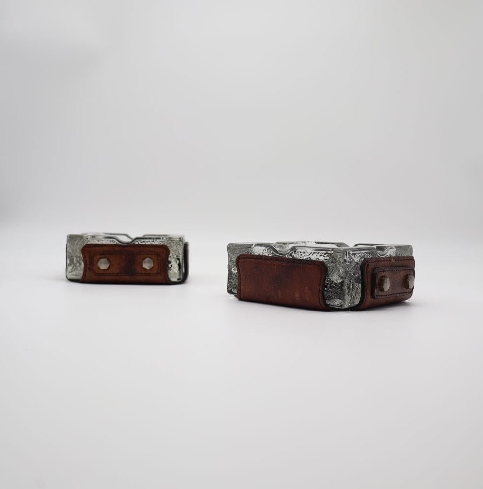Vintage Mid-Century Ice Glass & Leather Ashtrays, 1970s — Set of 2