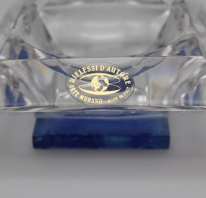 Vintage Glass Cube Ashtray - Clear Crystal with Blue Sommerso Core (c. 1970s)