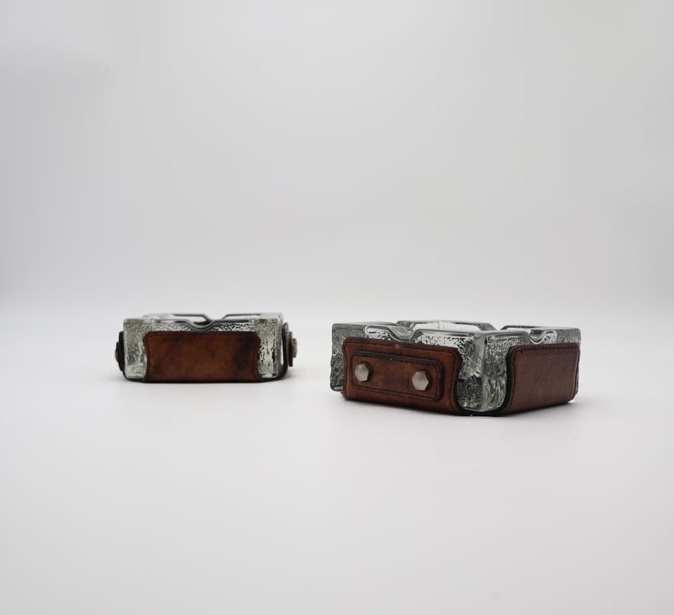 Vintage Mid-Century Ice Glass & Leather Ashtrays, 1970s — Set of 2