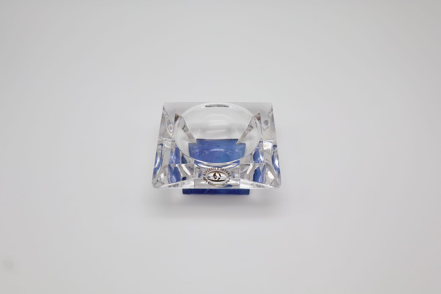 Vintage Glass Cube Ashtray - Clear Crystal with Blue Sommerso Core (c. 1970s)
