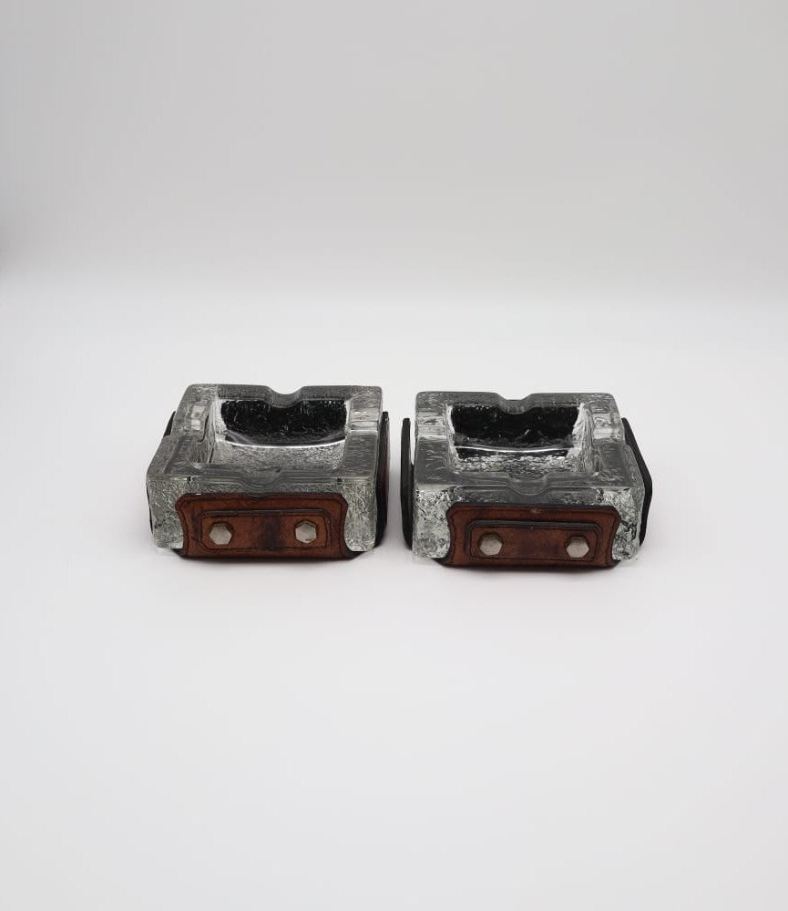 Vintage Mid-Century Ice Glass & Leather Ashtrays, 1970s — Set of 2