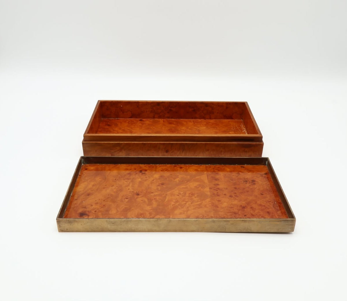 Italian 1970s Burl Wood and Brass Decorative Box