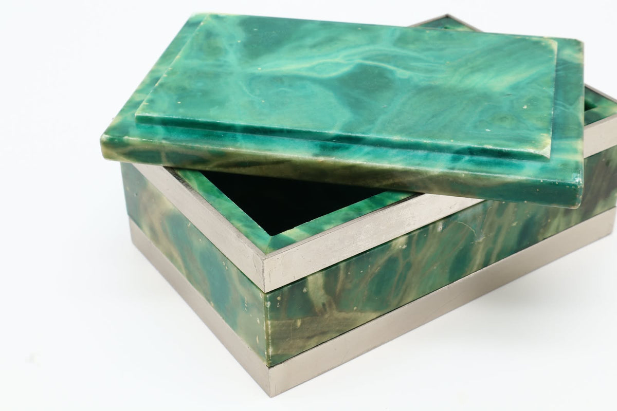 1970s Italian Green Marble & Chrome Keepsake Box