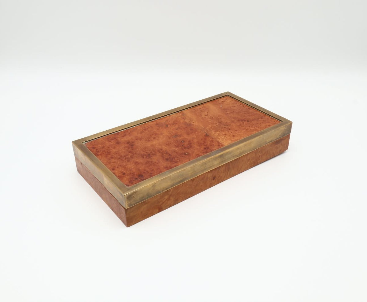 Italian 1970s Burl Wood and Brass Decorative Box