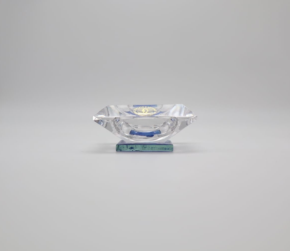 Vintage Glass Cube Ashtray - Clear Crystal with Blue Sommerso Core (c. 1970s)