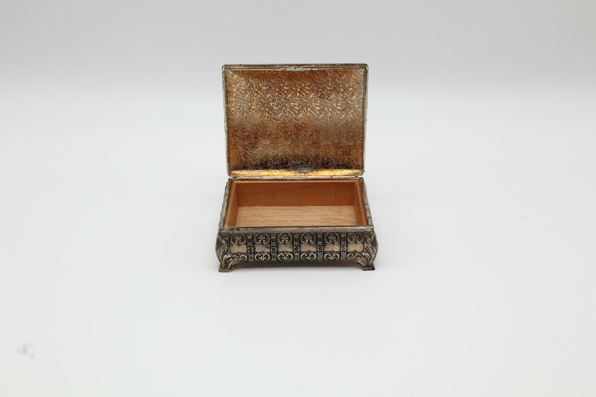 Ornate Silver-Plated 'Sun' Cigarette Box with Wood Lining – England, c. 1920-1940
