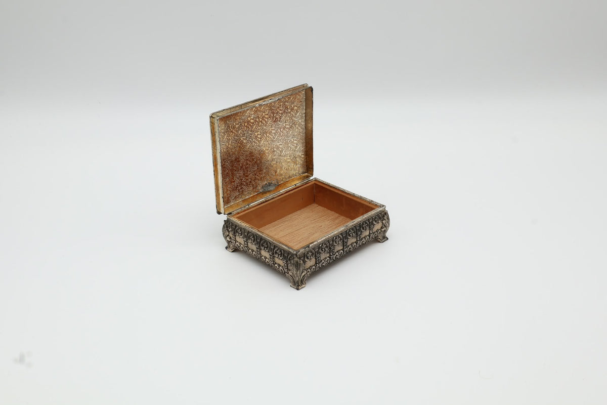 Ornate Silver-Plated 'Sun' Cigarette Box with Wood Lining – England, c. 1920-1940