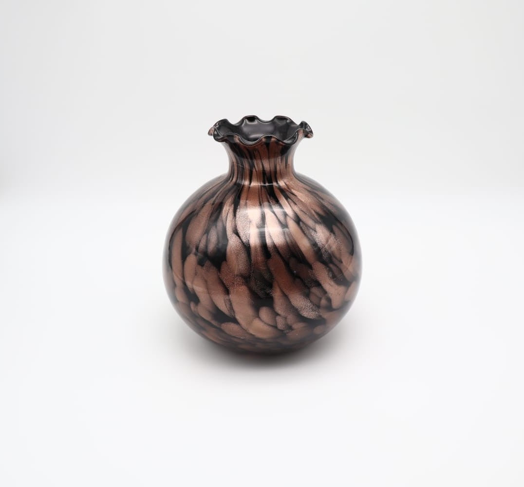 Mid-Century Murano Aventurine Art Glass Vase – Tortoiseshell & Ruffled Rim (c. 1960-1970)
