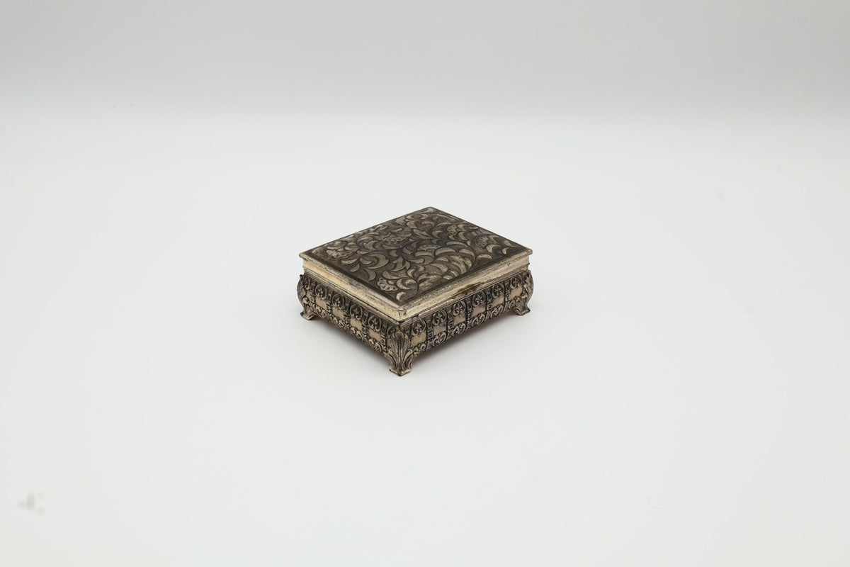Ornate Silver-Plated 'Sun' Cigarette Box with Wood Lining – England, c. 1920-1940