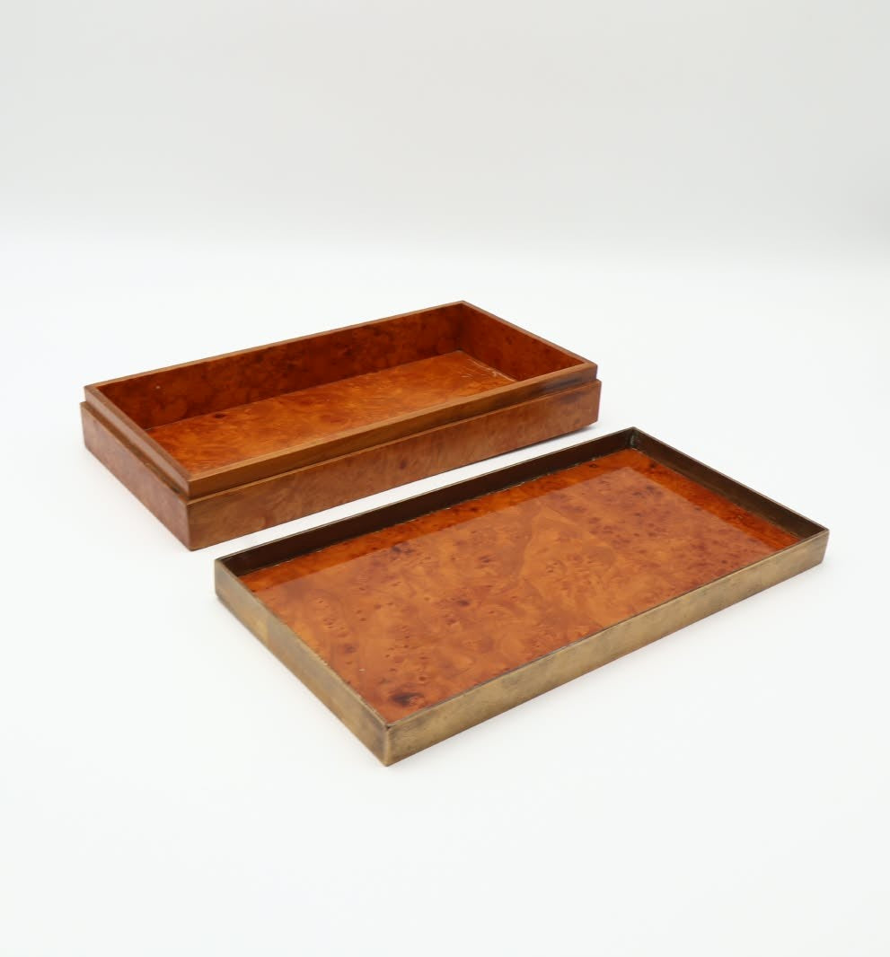 Italian 1970s Burl Wood and Brass Decorative Box