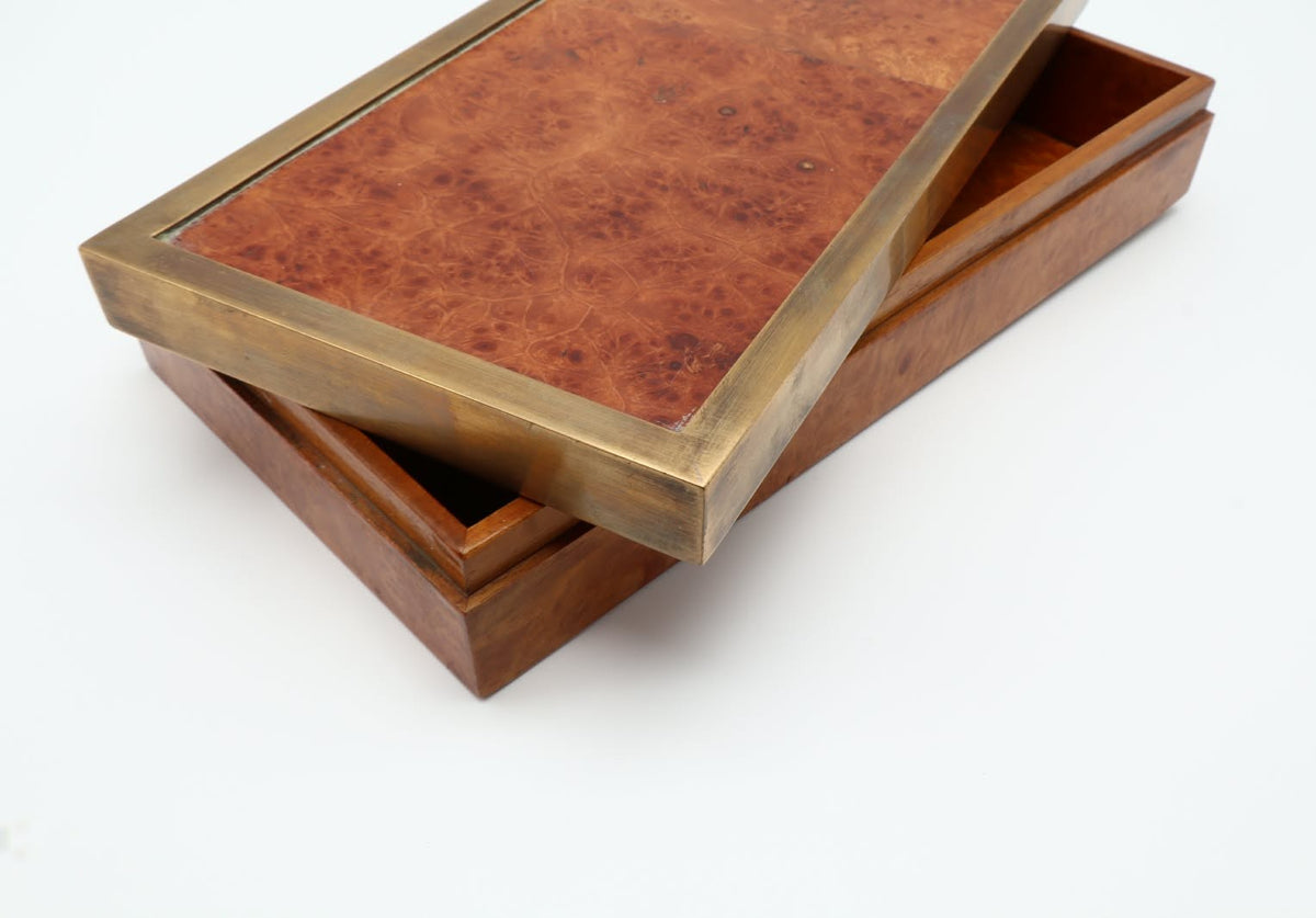 Italian 1970s Burl Wood and Brass Decorative Box