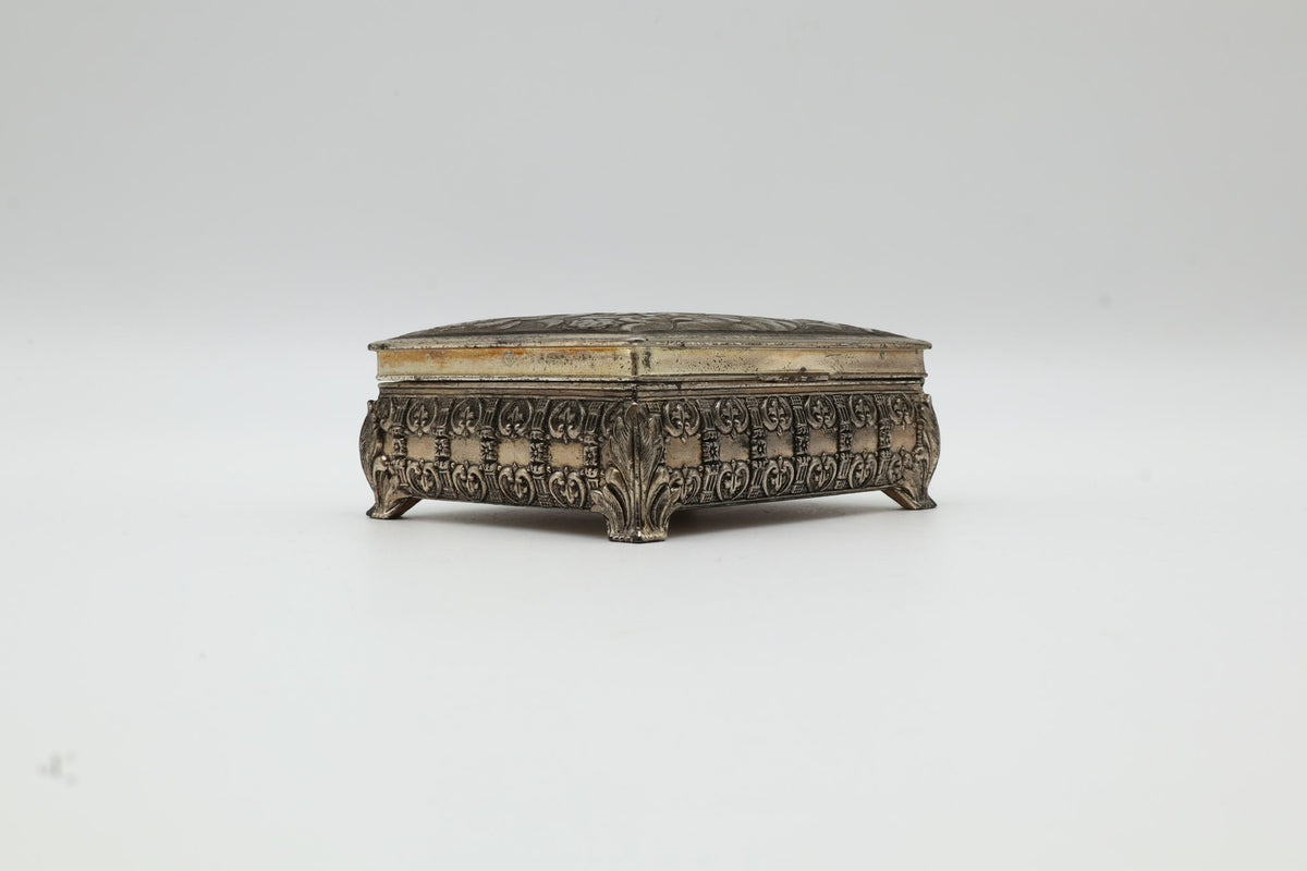 Ornate Silver-Plated 'Sun' Cigarette Box with Wood Lining – England, c. 1920-1940