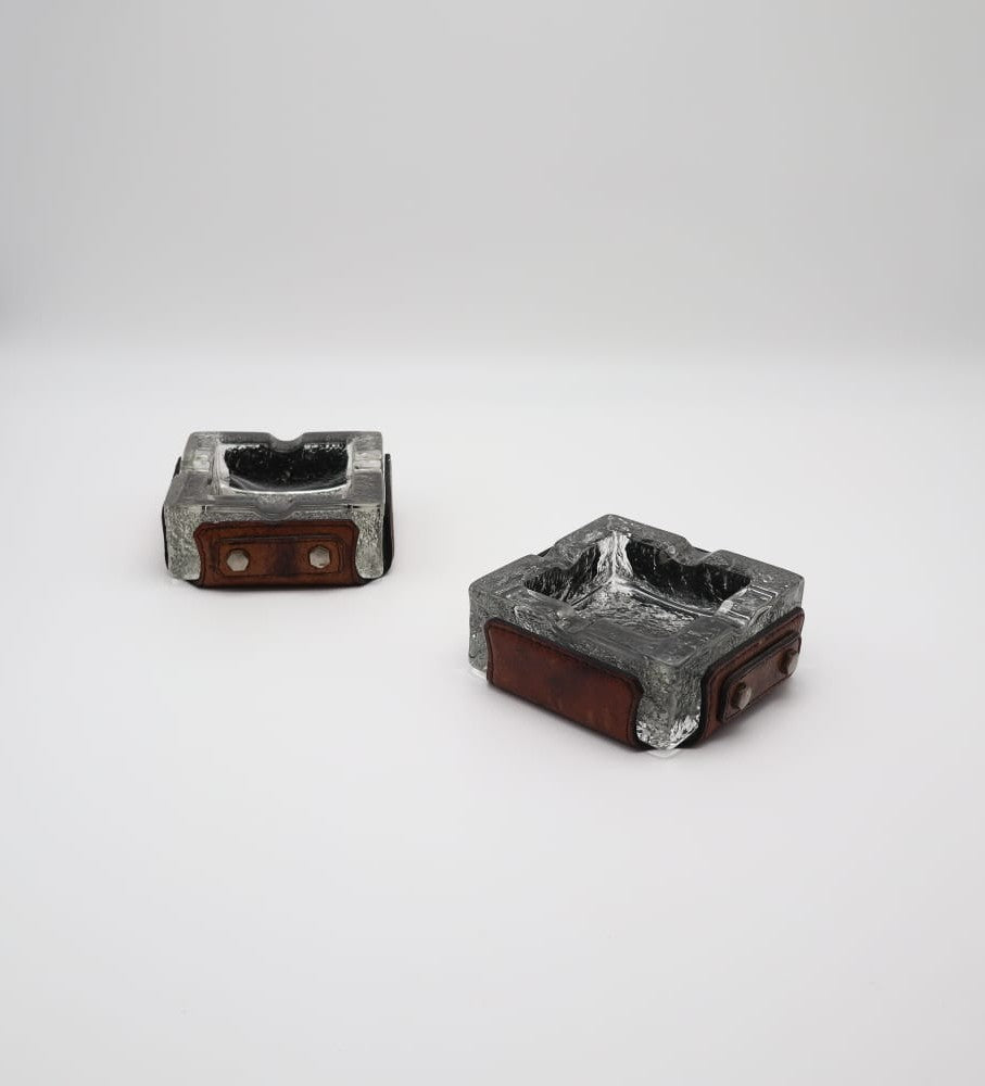Vintage Mid-Century Ice Glass & Leather Ashtrays, 1970s — Set of 2