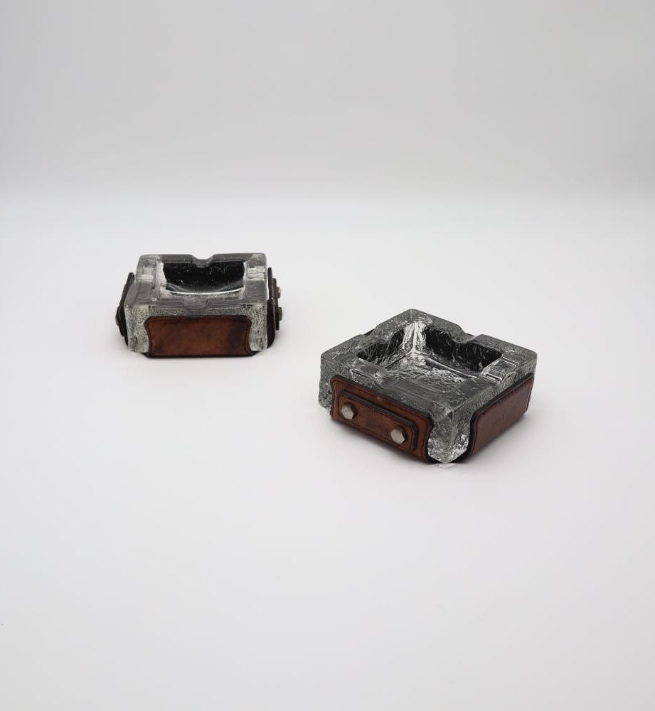 Vintage Mid-Century Ice Glass & Leather Ashtrays, 1970s — Set of 2